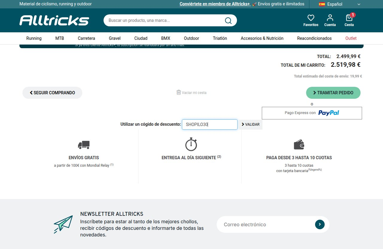 Dónde introducir el código de descuento en el sitio web de Alltricks