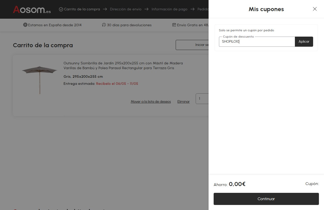Dónde introducir el código de descuento en el sitio web de Aosom
