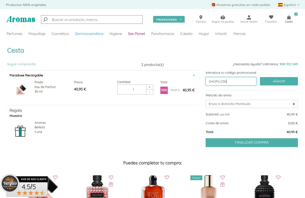 Dónde introducir el código de descuento en el sitio web de Aromas