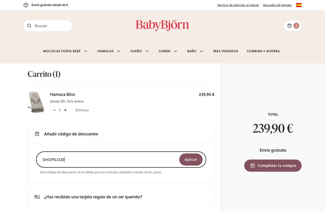 Dónde introducir el código de descuento en el sitio web de BabyBjörn