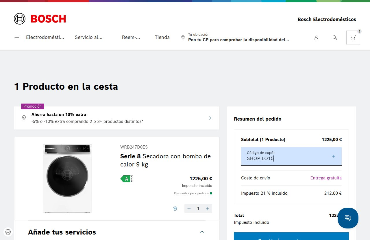 Dónde introducir el código de descuento en el sitio web de Bosch
