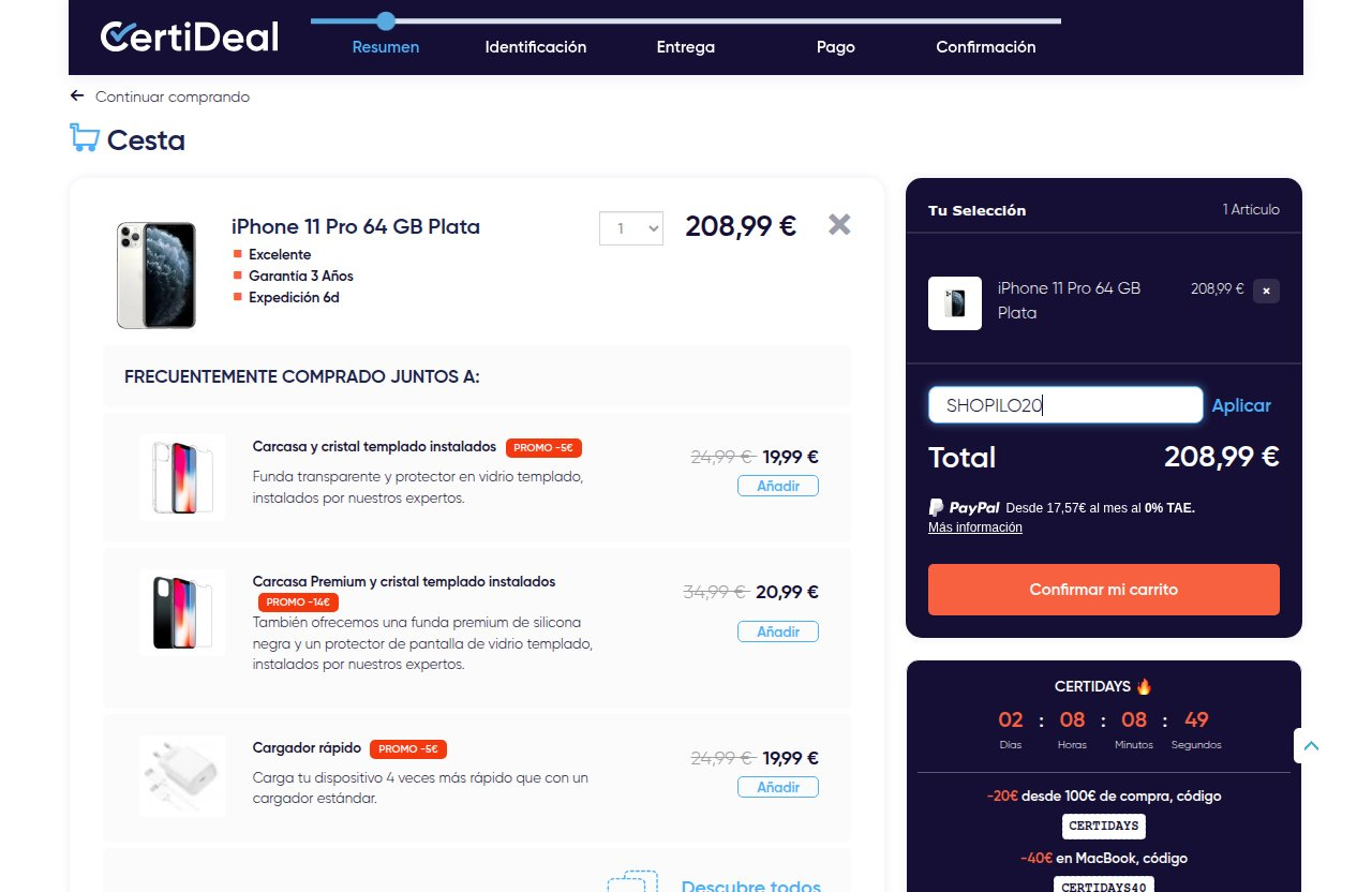 Dónde introducir el código de descuento en el sitio web de CertiDeal