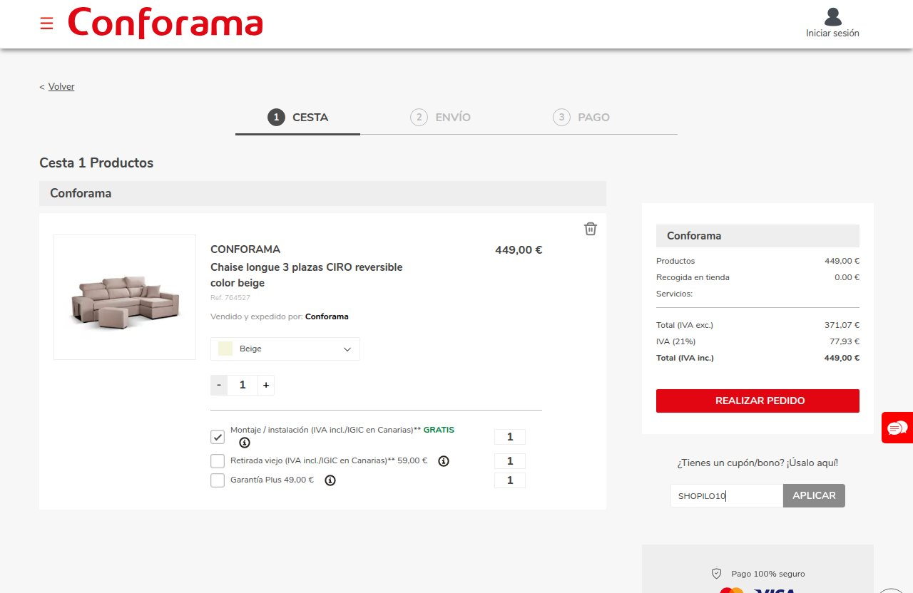 Dónde introducir el código de descuento en el sitio web de Conforama