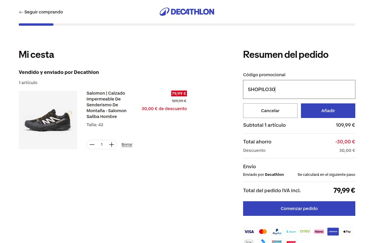 Dónde introducir el código de descuento en el sitio web de Decathlon