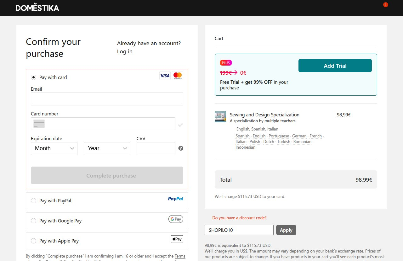 Dónde introducir el código de descuento en el sitio web de Domestika
