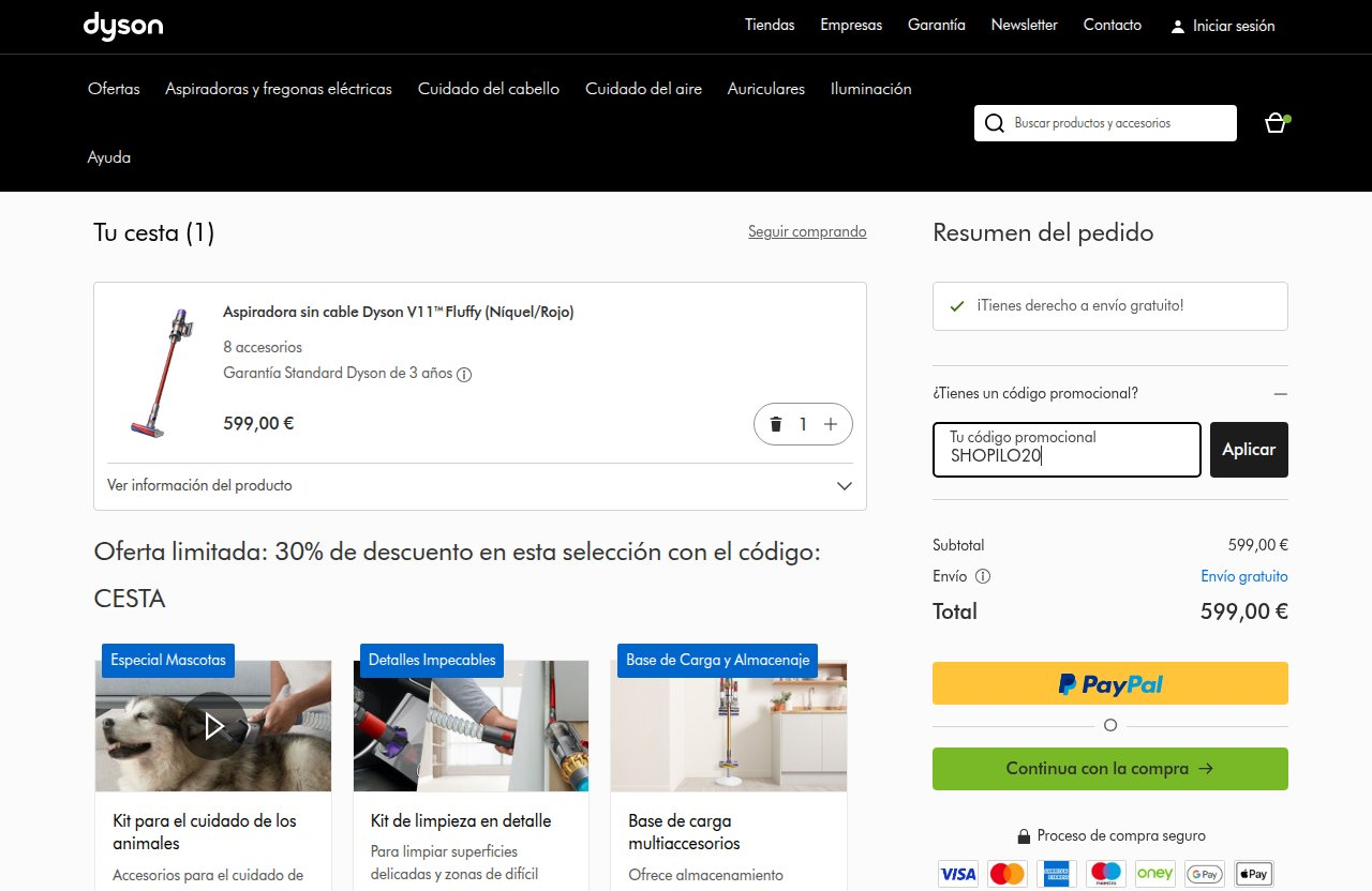 Dónde introducir el código de descuento en el sitio web de Dyson