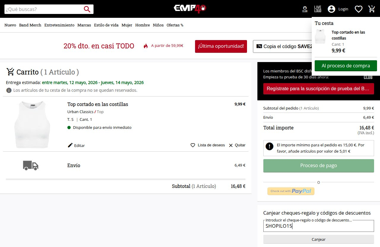 Dónde introducir el código de descuento en el sitio web de EMP