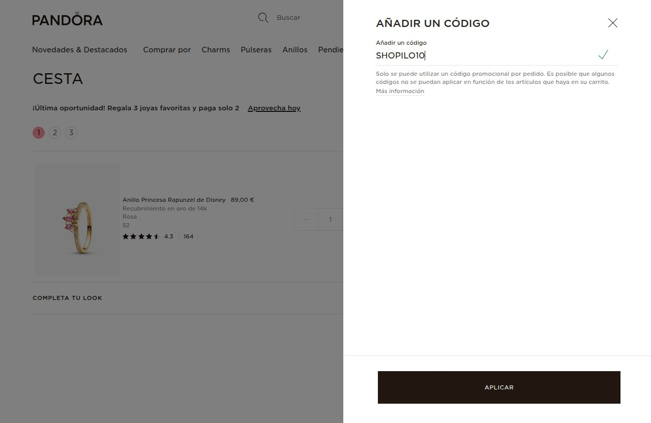 Dónde introducir el código de descuento en el sitio web de Pandora