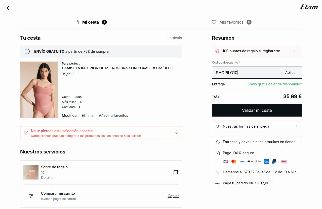 Dónde introducir el código de descuento en el sitio web de Etam