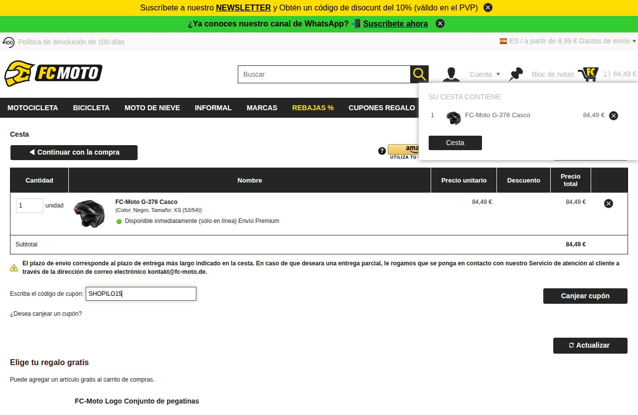 Dónde introducir el código de descuento en el sitio web de FC-Moto