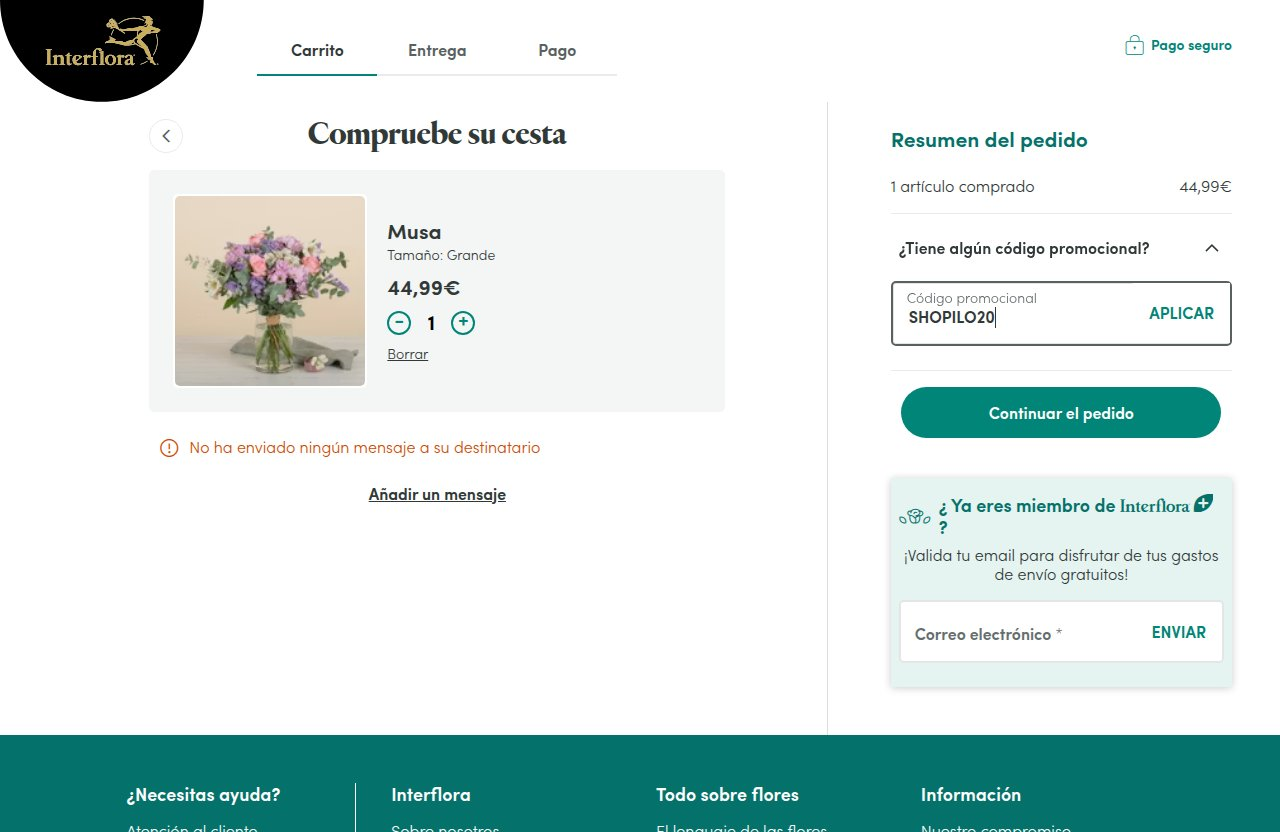 Dónde introducir el código de descuento en el sitio web de Interflora