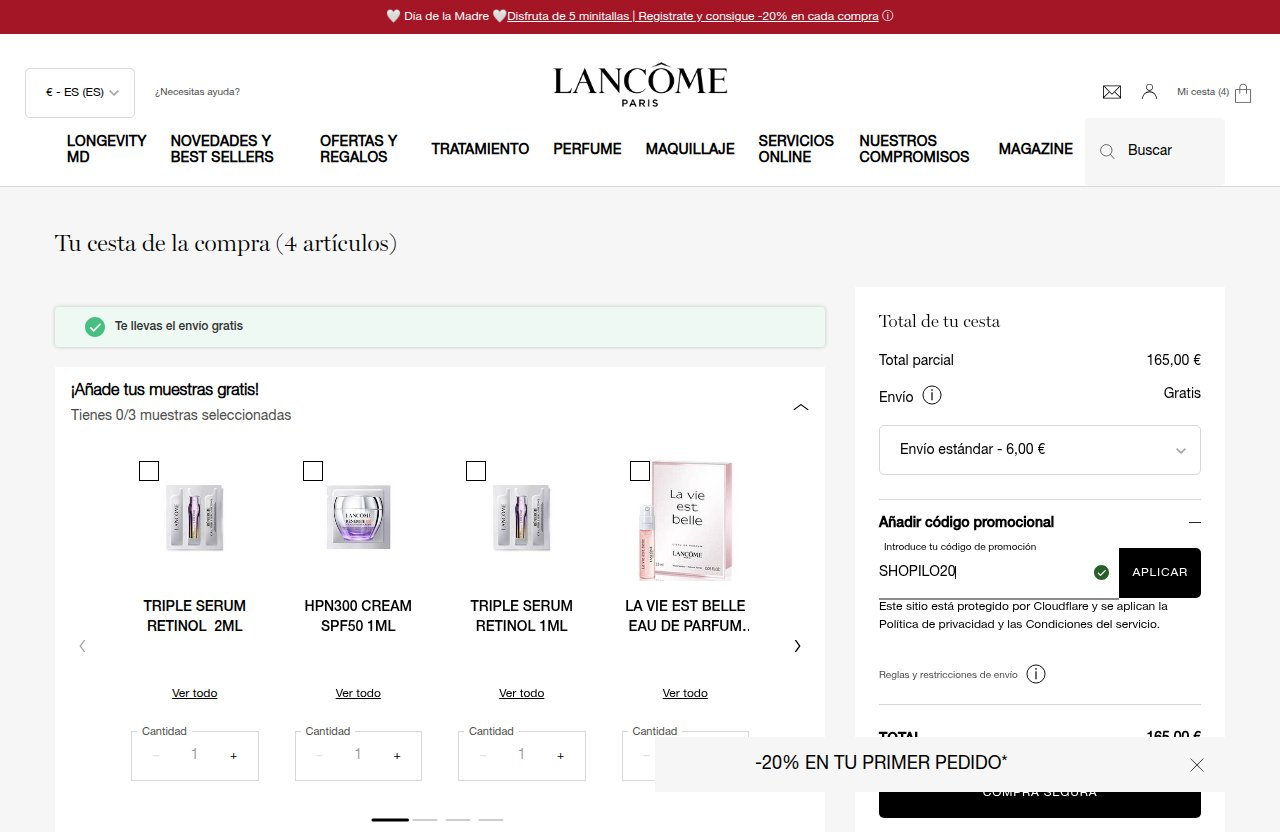 Dónde introducir el código de descuento en el sitio web de Lancôme