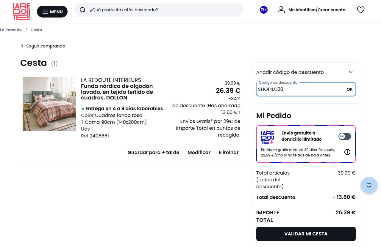 Dónde introducir el código de descuento en el sitio web de La Redoute