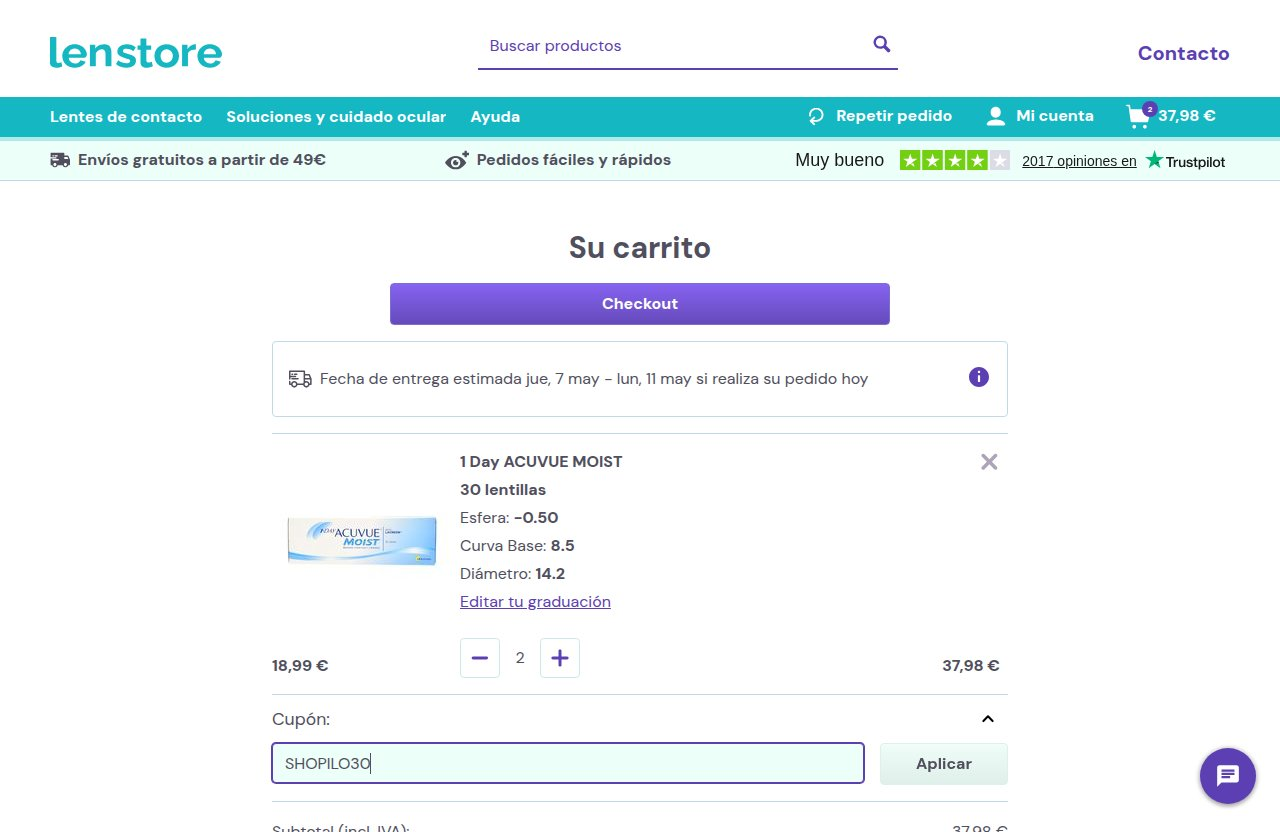 Dónde introducir el código de descuento en el sitio web de Lenstore
