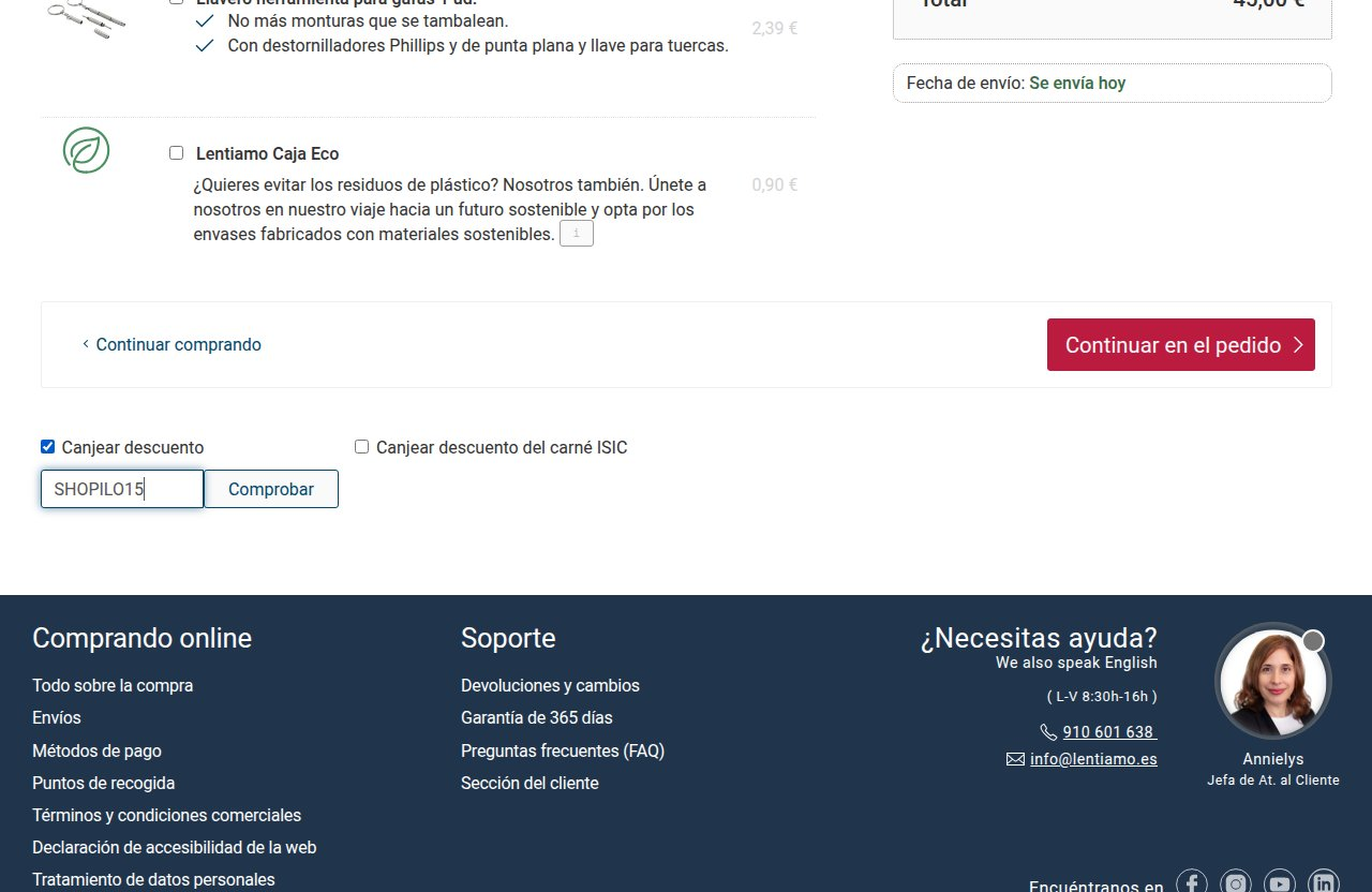 Dónde introducir el código de descuento en el sitio web de Lentiamo