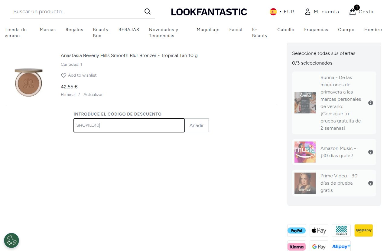 Dónde introducir el código de descuento en el sitio web de LOOKFANTASTIC