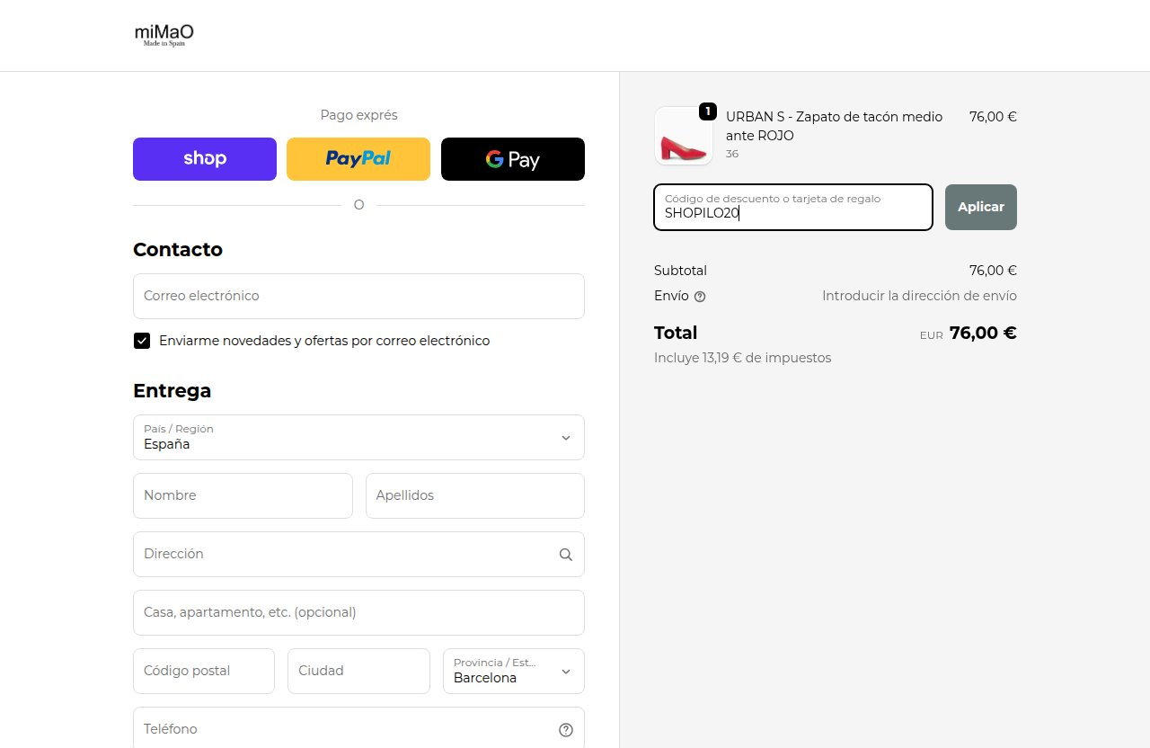 Dónde introducir el código de descuento en el sitio web de miMaO