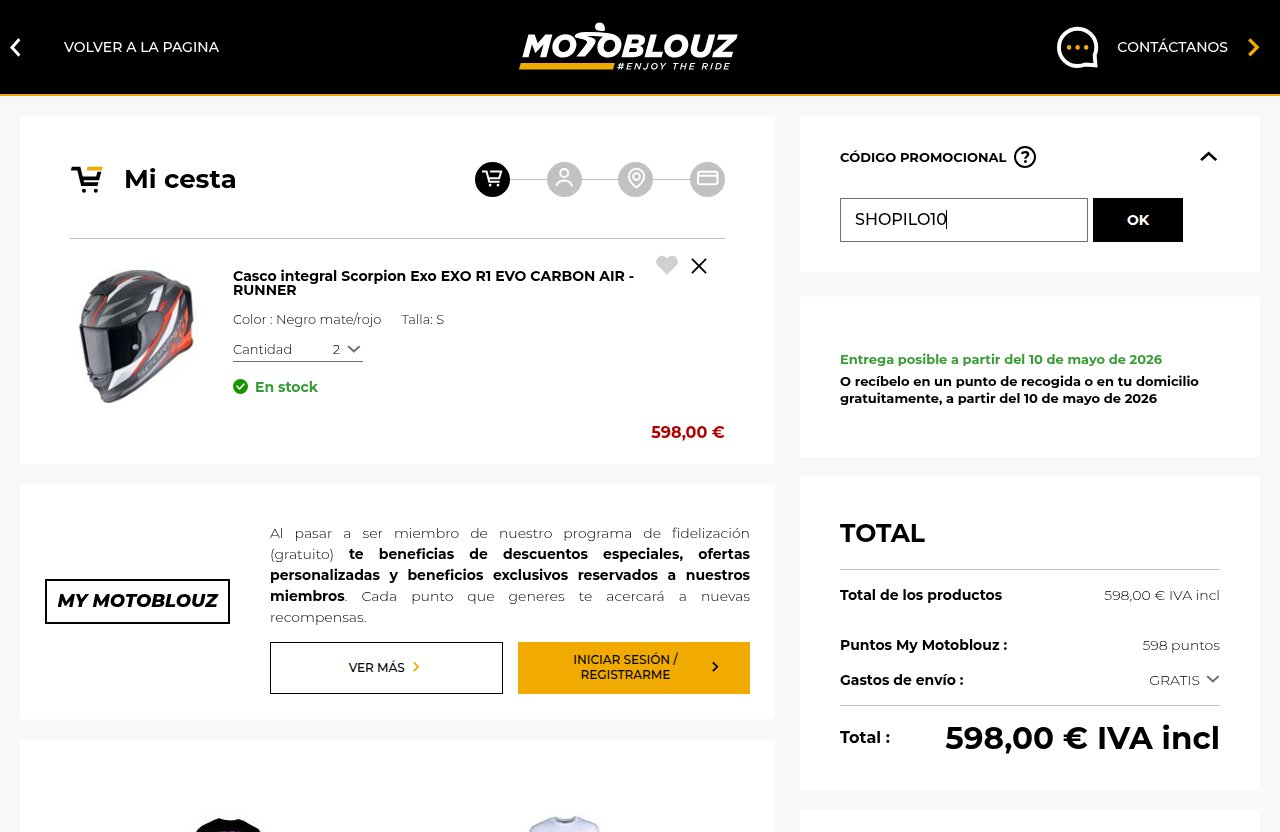 Dónde introducir el código de descuento en el sitio web de Motoblouz