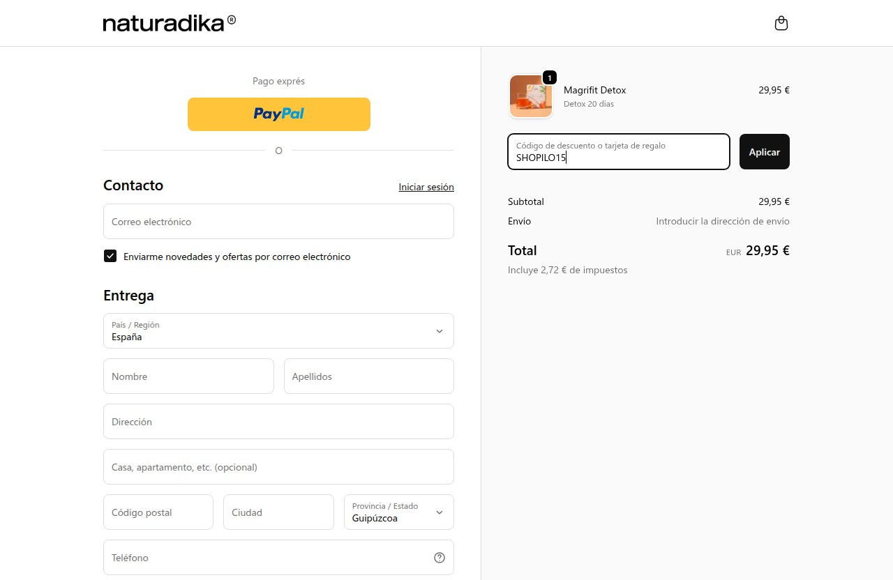 Dónde introducir el código de descuento en el sitio web de Naturadika