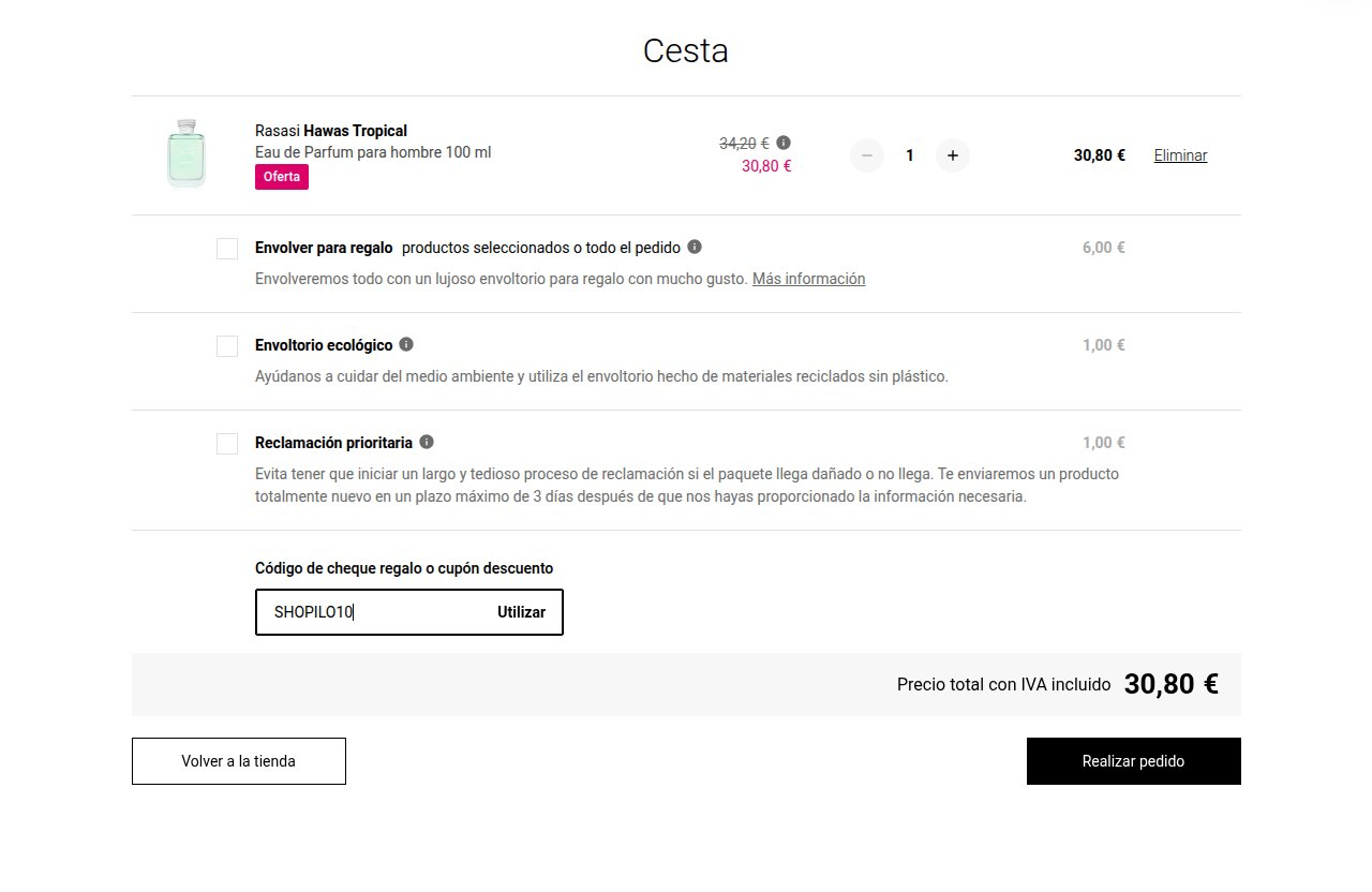 Dónde introducir el código de descuento en el sitio web de Notino