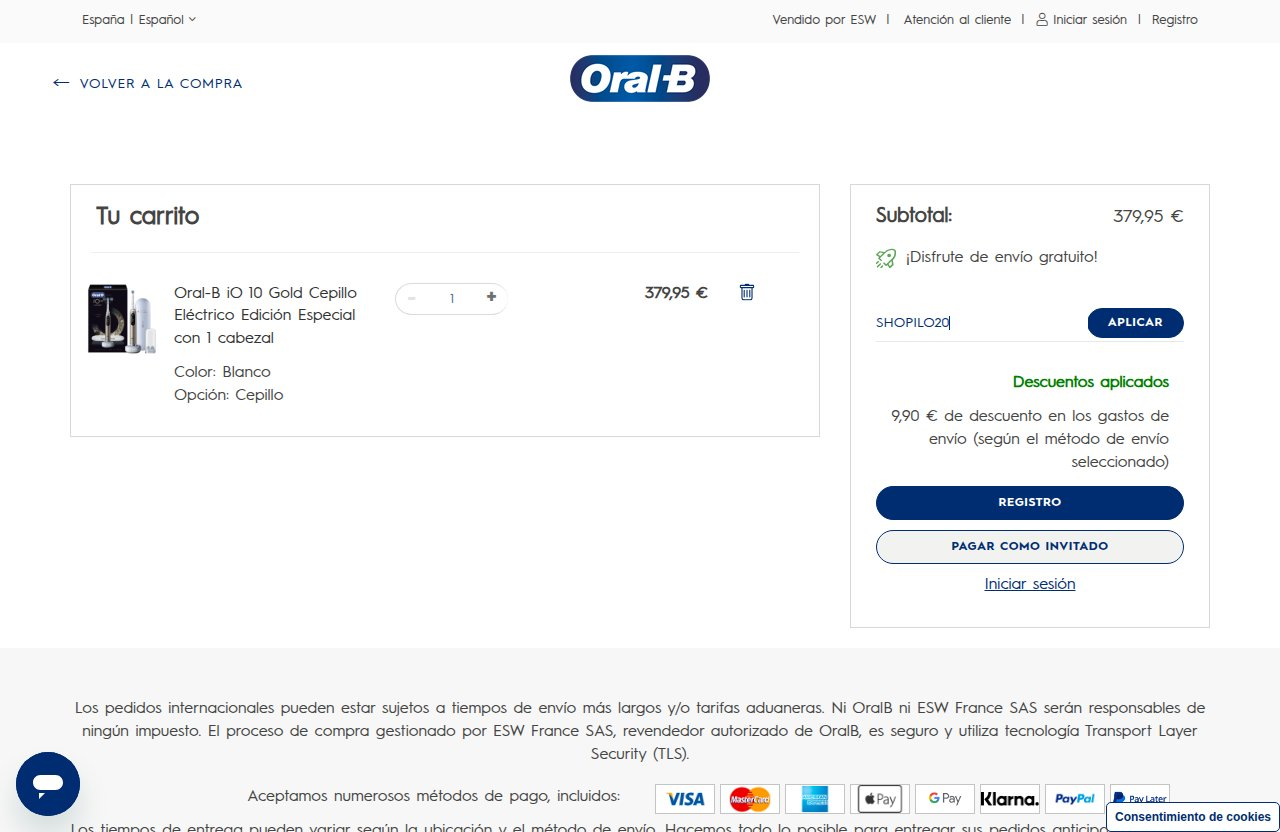 Dónde introducir el código de descuento en el sitio web de Oral-B