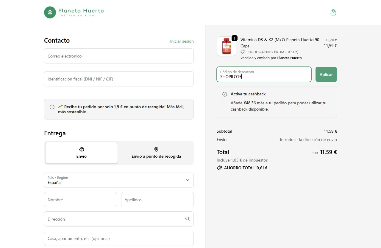 Dónde introducir el código de descuento en el sitio web de Planeta Huerto