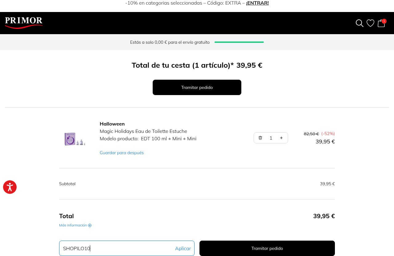 Dónde introducir el código de descuento en el sitio web de Primor