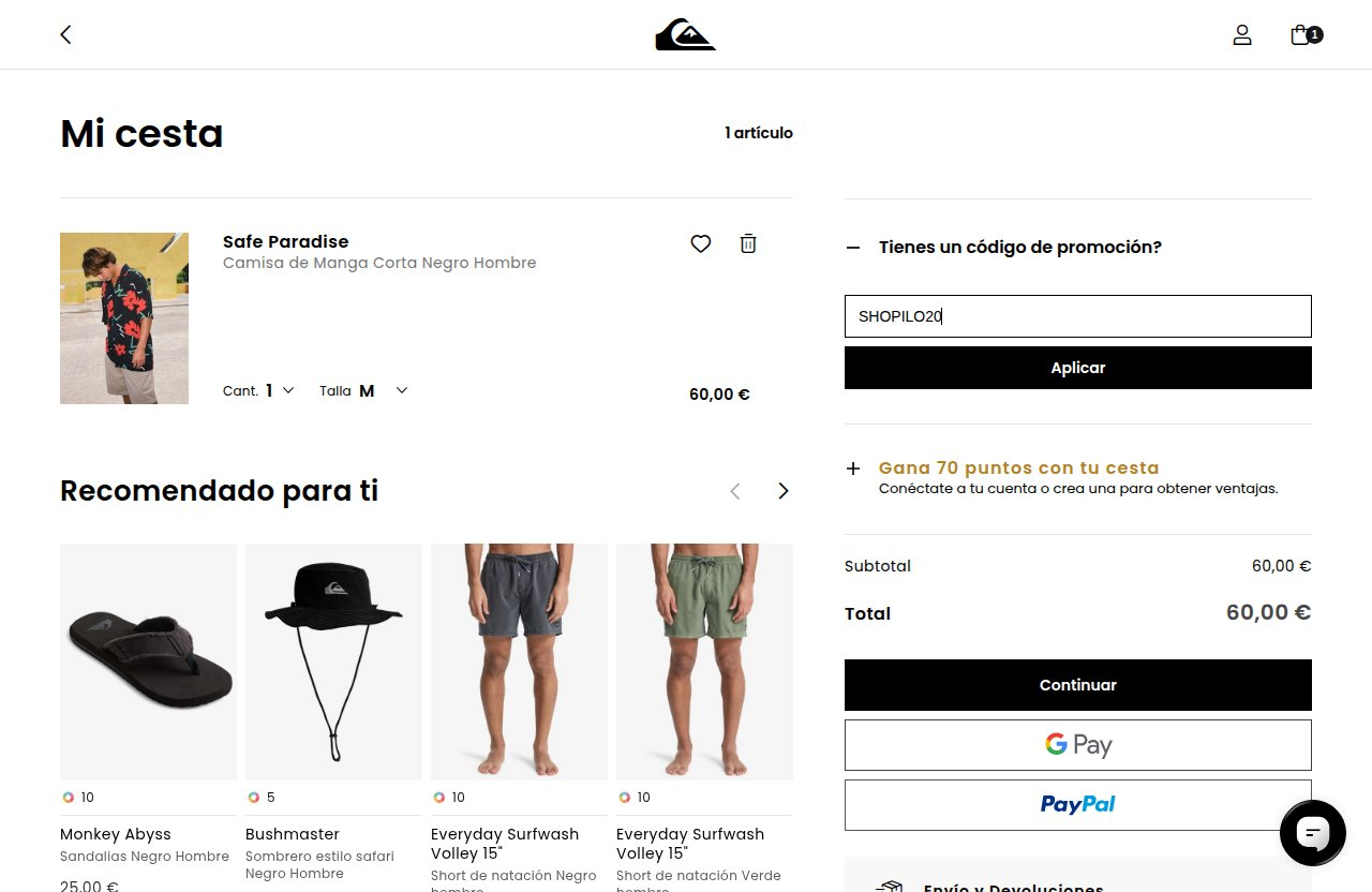 Dónde introducir el código de descuento en el sitio web de Quiksilver