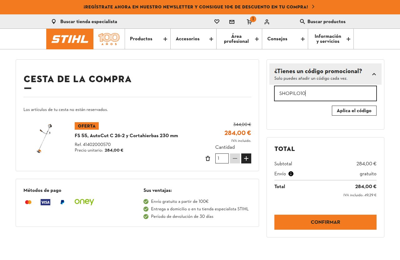 Dónde introducir el código de descuento en el sitio web de Stihl