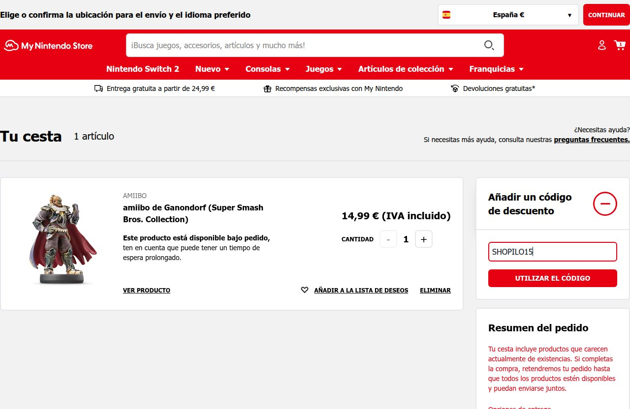 Dónde introducir el código de descuento en el sitio web de Nintendo