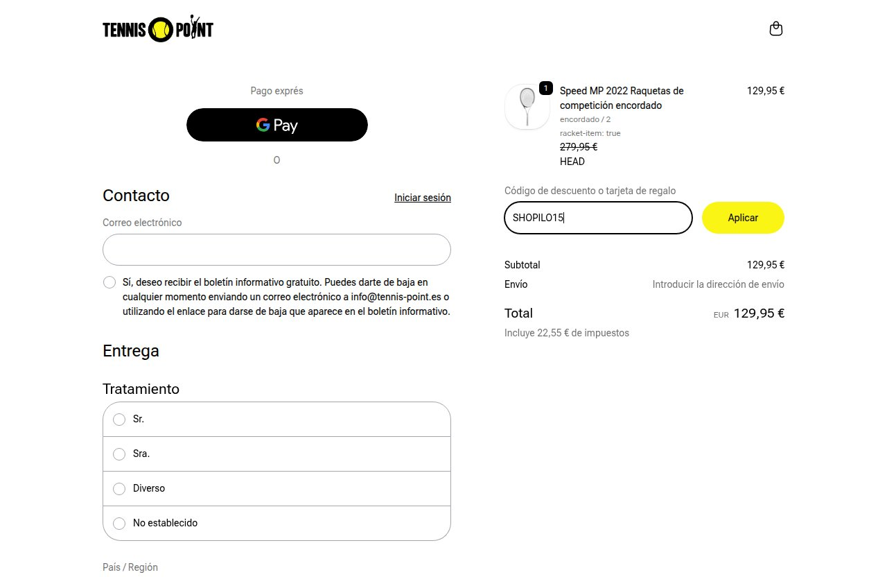 Dónde introducir el código de descuento en el sitio web de Tennis-Point