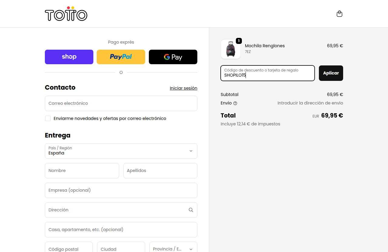 Dónde introducir el código de descuento en el sitio web de Totto