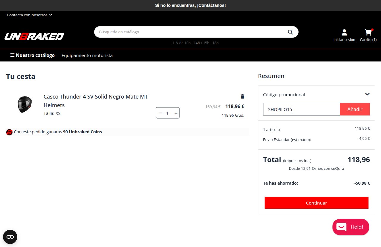 Dónde introducir el código de descuento en el sitio web de Unbraked