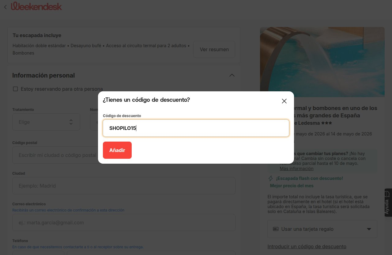 Dónde introducir el código de descuento en el sitio web de Weekendesk