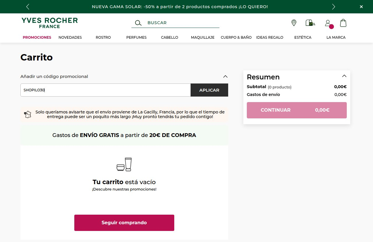 Dónde introducir el código de descuento en el sitio web de Yves Rocher