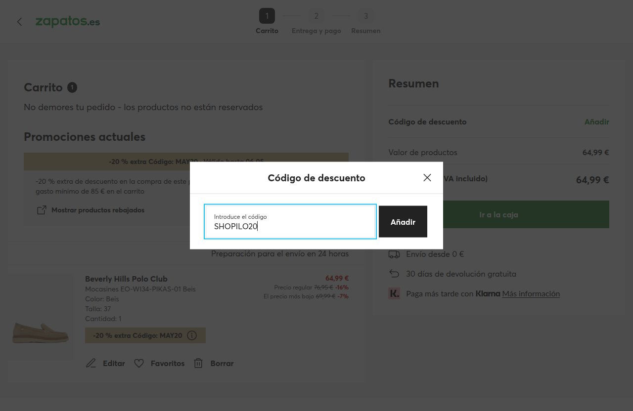 Dónde introducir el código de descuento en el sitio web de zapatos.es