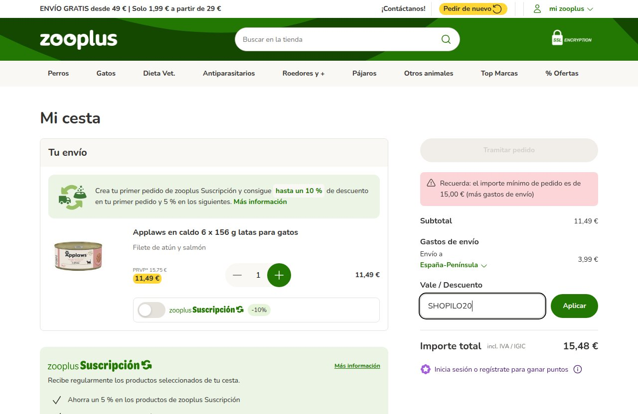 Dónde introducir el código de descuento en el sitio web de Zooplus
